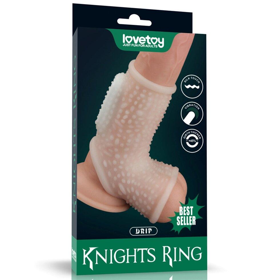 Насадка на пенис с вибрацией с рукавом для мошонки Drip Knights Ring  (13,3*2,8)