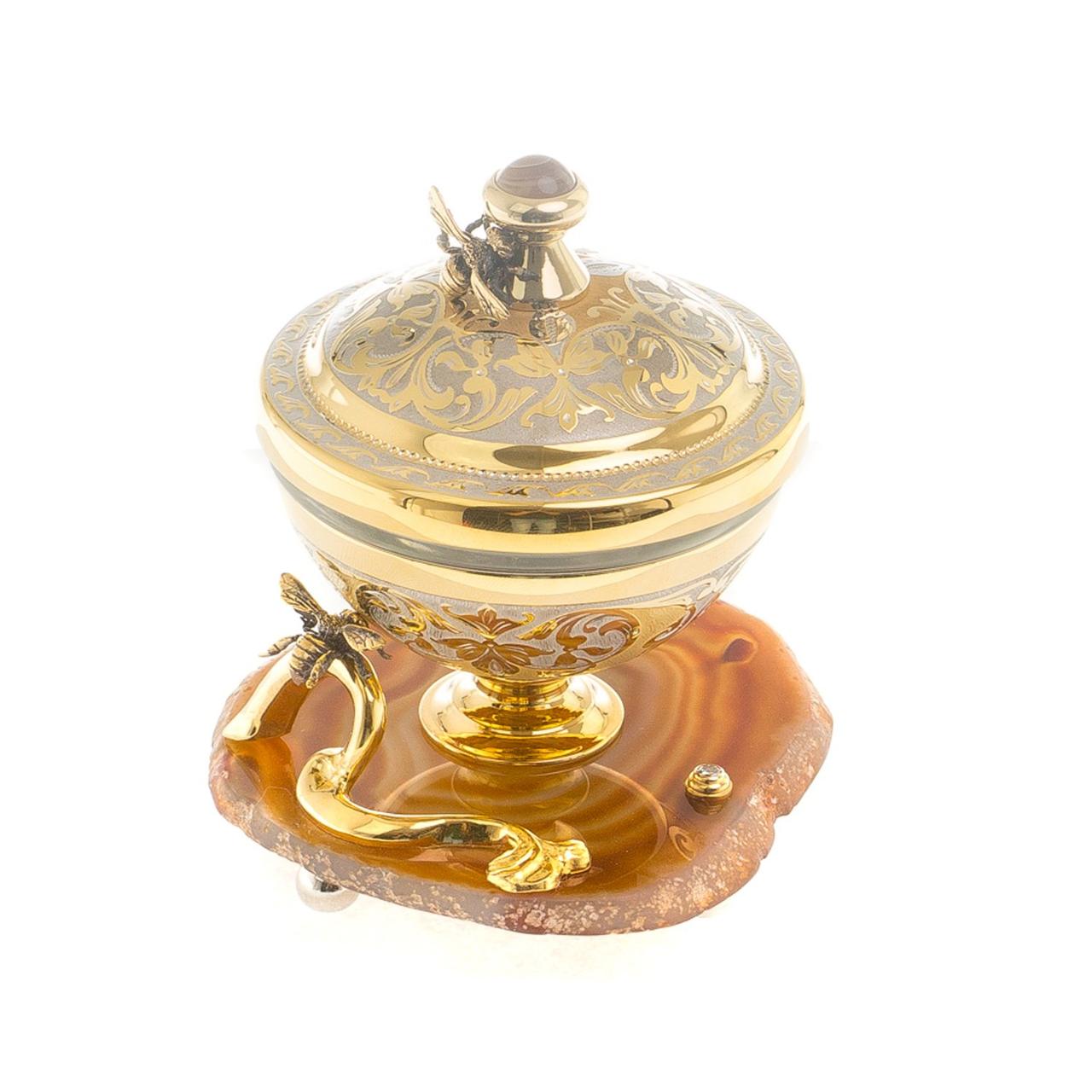 Эксклюзивная медовница "Пчелки" камень агат в подарочной упаковке Златоуст / посуда для меда / банка для меда - фото 2 - id-p97347234