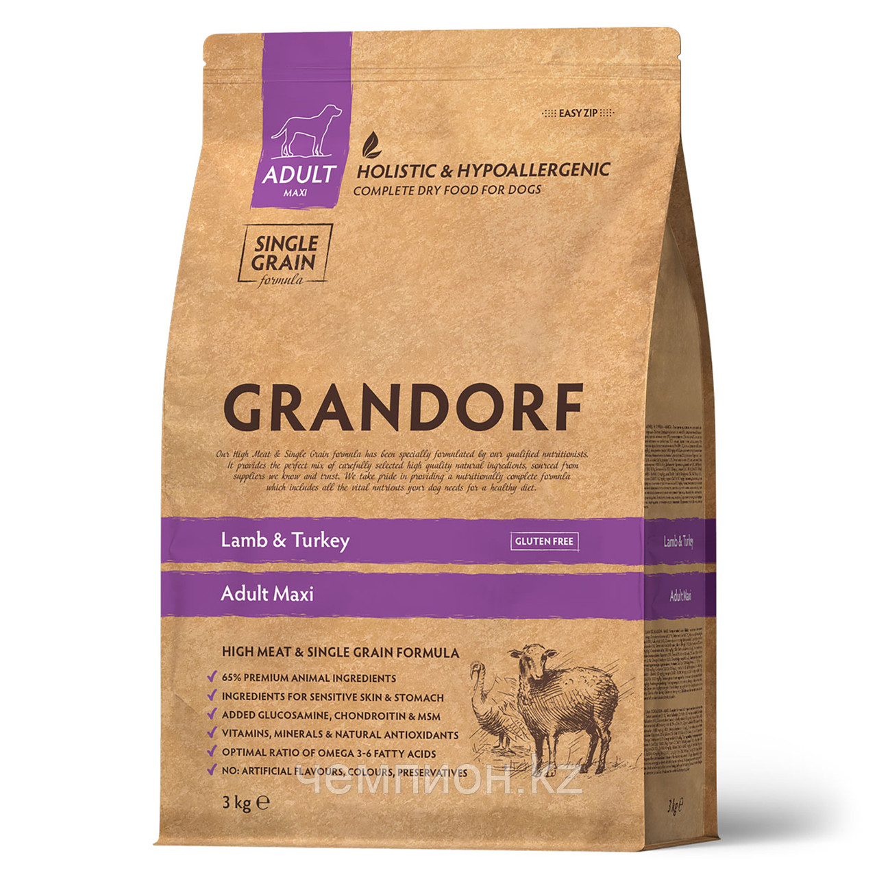 850983 GRANDORF Lamb &Turkey Adult Maxi - ягнёнок/индейка с бурым рисом для крупных собак, уп.3 кг.