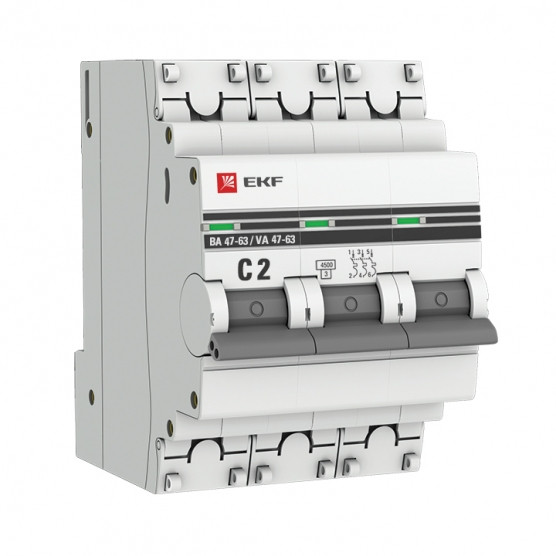 Автоматический выключатель 3P 2А (С) 4,5кА ВА 47-63 EKF PROxima - фото 1 - id-p102430541
