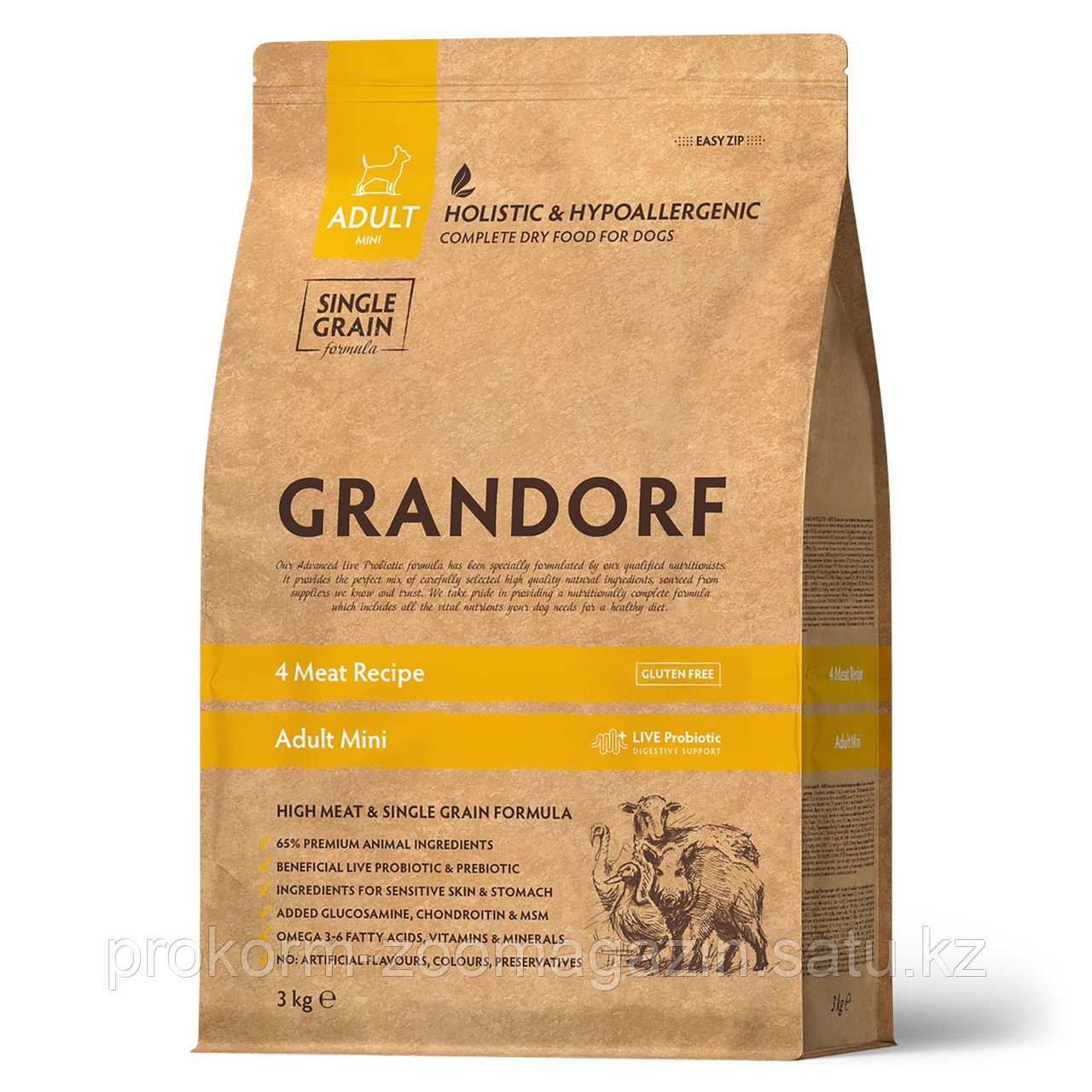 GRANDORF ADULT MINI 4 meat, низкозерновой для взрослых собак мeлких пород с индейкой и коричневым рисом, 3 кг - фото 1 - id-p100405255