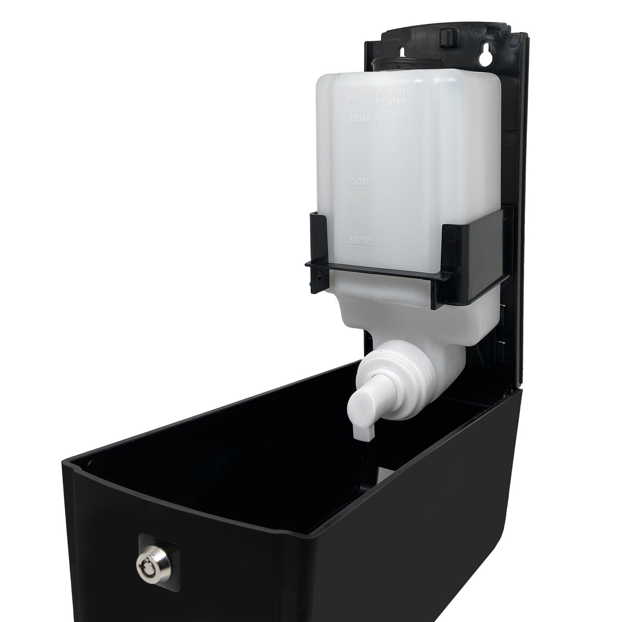 Дозатор для жидкого мыла X12 нажимной 1,2л БИЗНЕС, корпус черный; цвет стекла: прозрачный, матовый белый - фото 2 - id-p108230216