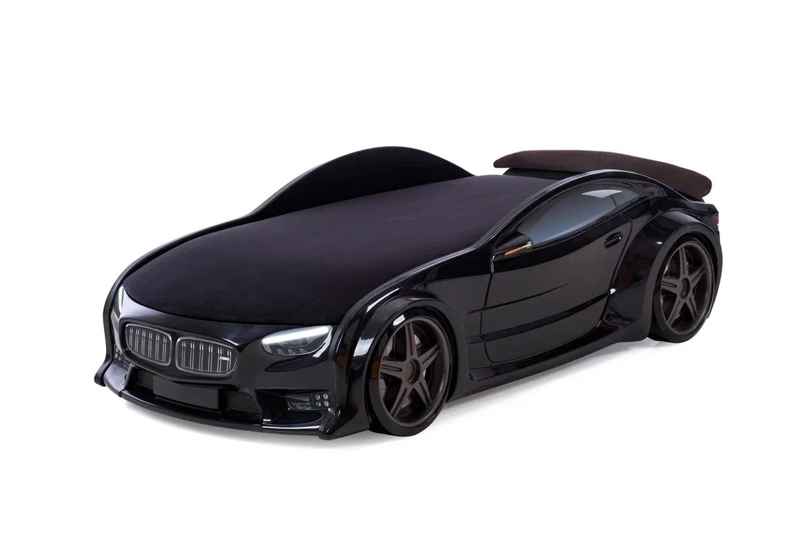 Кровать-машина объемная (3d) NEO "BMW" черный (подсветка фар, мягкий спойлер)