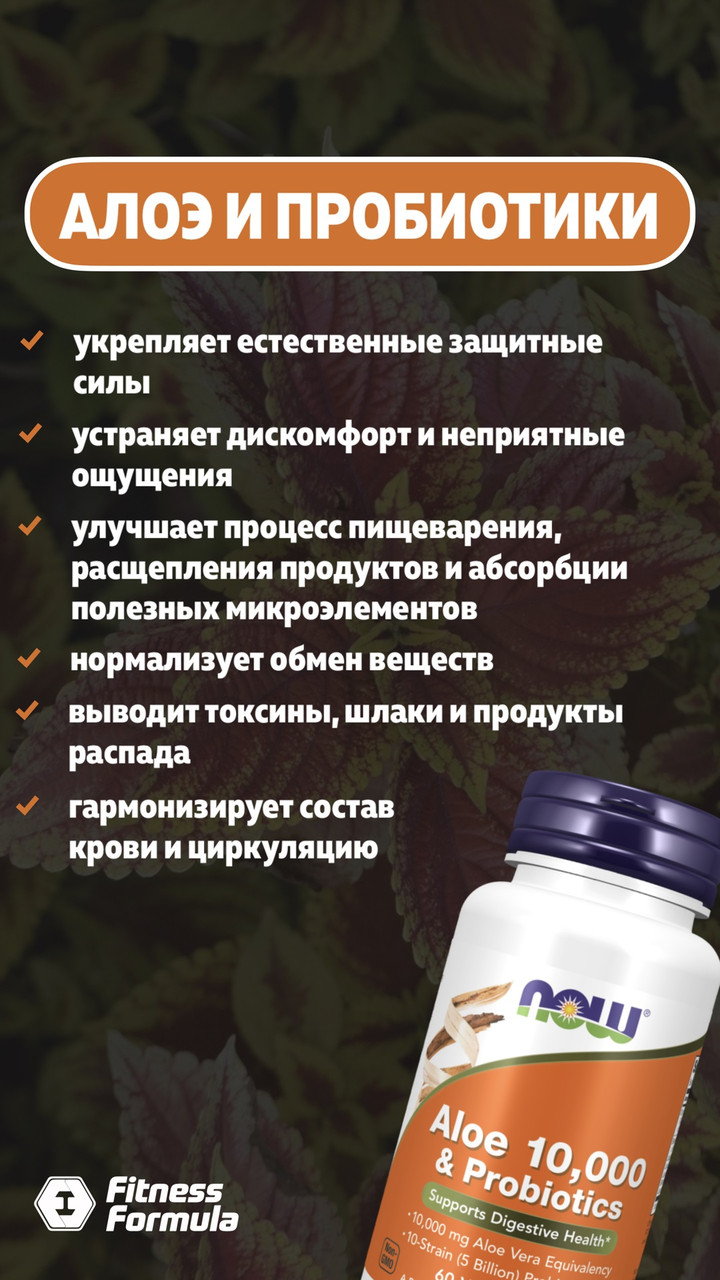 БАД Aloe 10000 mg + Probiotics, 60 veg.caps, NOW - фото 2 - id-p106035428