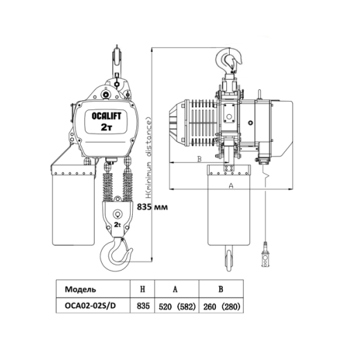 Таль OCALIFT 02-02S 2т 3м 380в электрическая цепная стационарная на крюке - фото 3 - id-p108201695