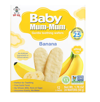 Hot Kid, Baby Mum-Mum, вафли для мягкого прорезывания зубов, банан, 12 пакетиков, по 2 шт.
