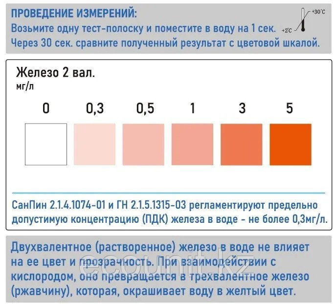 ЭкоЮнит ECO-Fe2 Тест-набор на железо (0-0,3-0,5-1-3-5 мг/л) 100 тестов ECO-Fe2 - фото 2 - id-p91076938