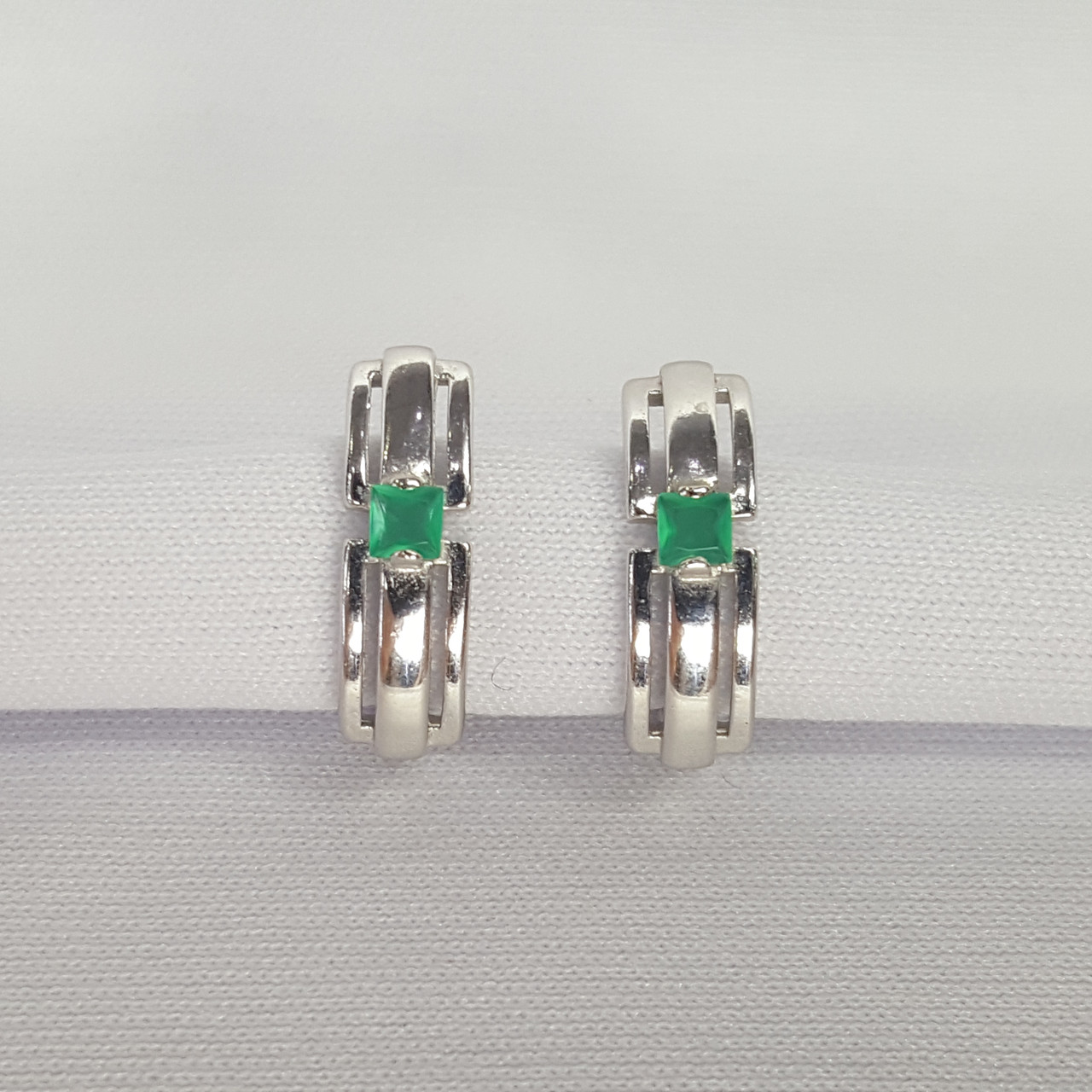 Серьги серебряные классические Агат зеленый Aquamarine 4766909.5, фото 1