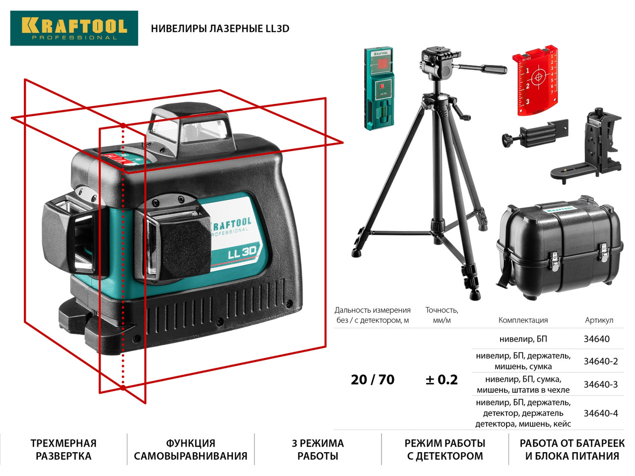 KRAFTOOL LL 3D #4 нивелир лазерный, держатель ВМ1, детектор LR-70, в кейсе (34640-4) - фото 3 - id-p108509844