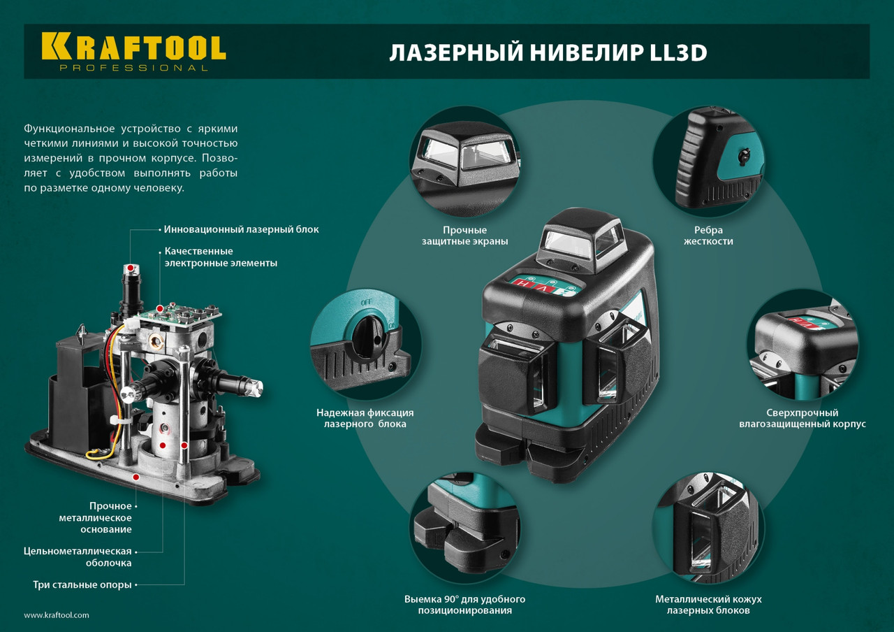 KRAFTOOL LL 3D #4 нивелир лазерный, держатель ВМ1, детектор LR-70, в кейсе (34640-4) - фото 6 - id-p108509844