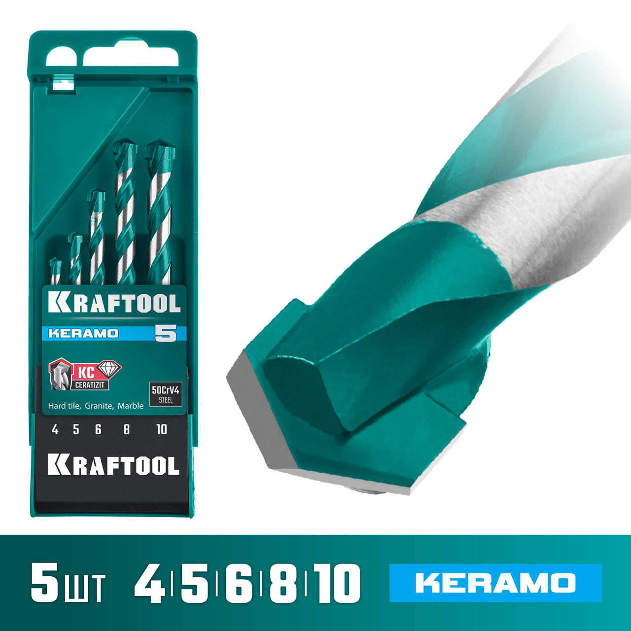 KRAFTOOL 5 шт: Ø 4-5-6-8-10 мм набор сверл по керамограниту с твердосплавной пластиной KERAMO 29175-H5 - фото 1 - id-p108512248