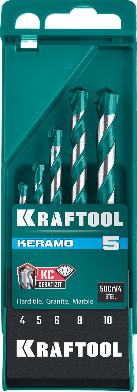KRAFTOOL 5 шт: Ø 4-5-6-8-10 мм набор сверл по керамограниту с твердосплавной пластиной KERAMO 29175-H5 - фото 7 - id-p108512248
