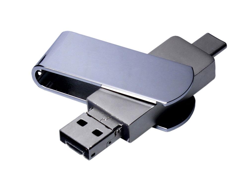 USB 2.0-флешка на 64 Гб поворотный механизм, c дополнительным разъемом Micro USB с одноцветным металлическим - фото 1 - id-p108555846