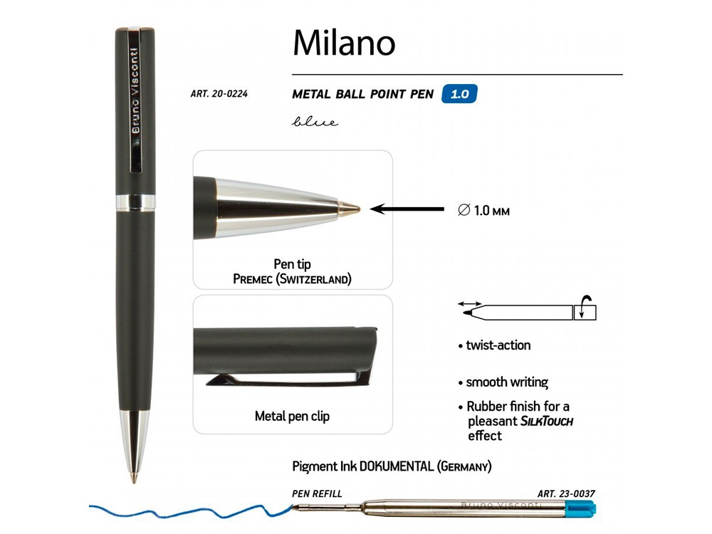 Ручкa BrunoVisconti шариковая автоматическая 1мм синяя Milano Graphite (черный металлический корпус) - фото 3 - id-p108554950