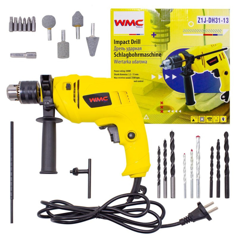 WMC tools Дрель ударная электрическая ударная с аксессуарами(500Вт,3100 об/мин,патрон 1.5-13мм) WMC TOOLS - фото 1 - id-p108564392
