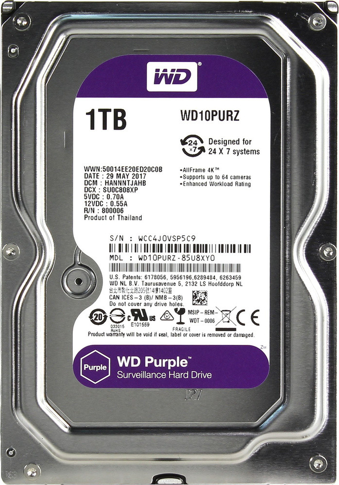 Жесткий диск для видеонаблюдения HDD 1Tb Western Digital Purple SATA 6Gb/s 64Mb 3,5"WD10PURZ
