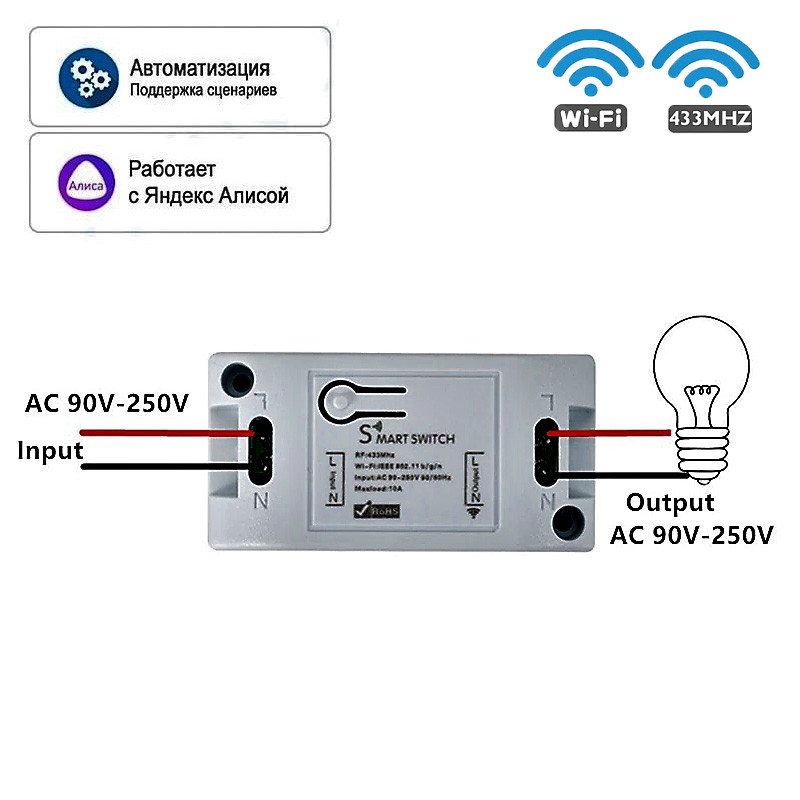 Умный выключатель радиореле Tuya Wi-Fi + RF433МГц Алиса