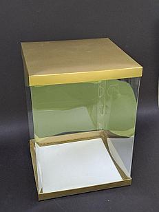 Коробка 18*18*25см с прозрачным боком и дном + крышка из картона золото