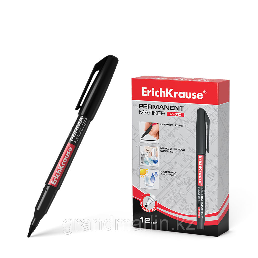 Перманентный маркер ErichKrause® P-70, цвет чернил черный (в коробке по 12 шт.) - фото 1 - id-p107465034