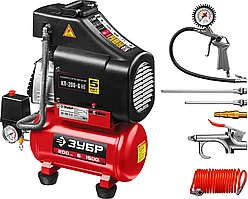 ЗУБР 1500 Вт, 200 л/мин, 6 л, поршневой, безмасляный, компрессор воздушный с набором аксессуаров КП-200-6 Н6