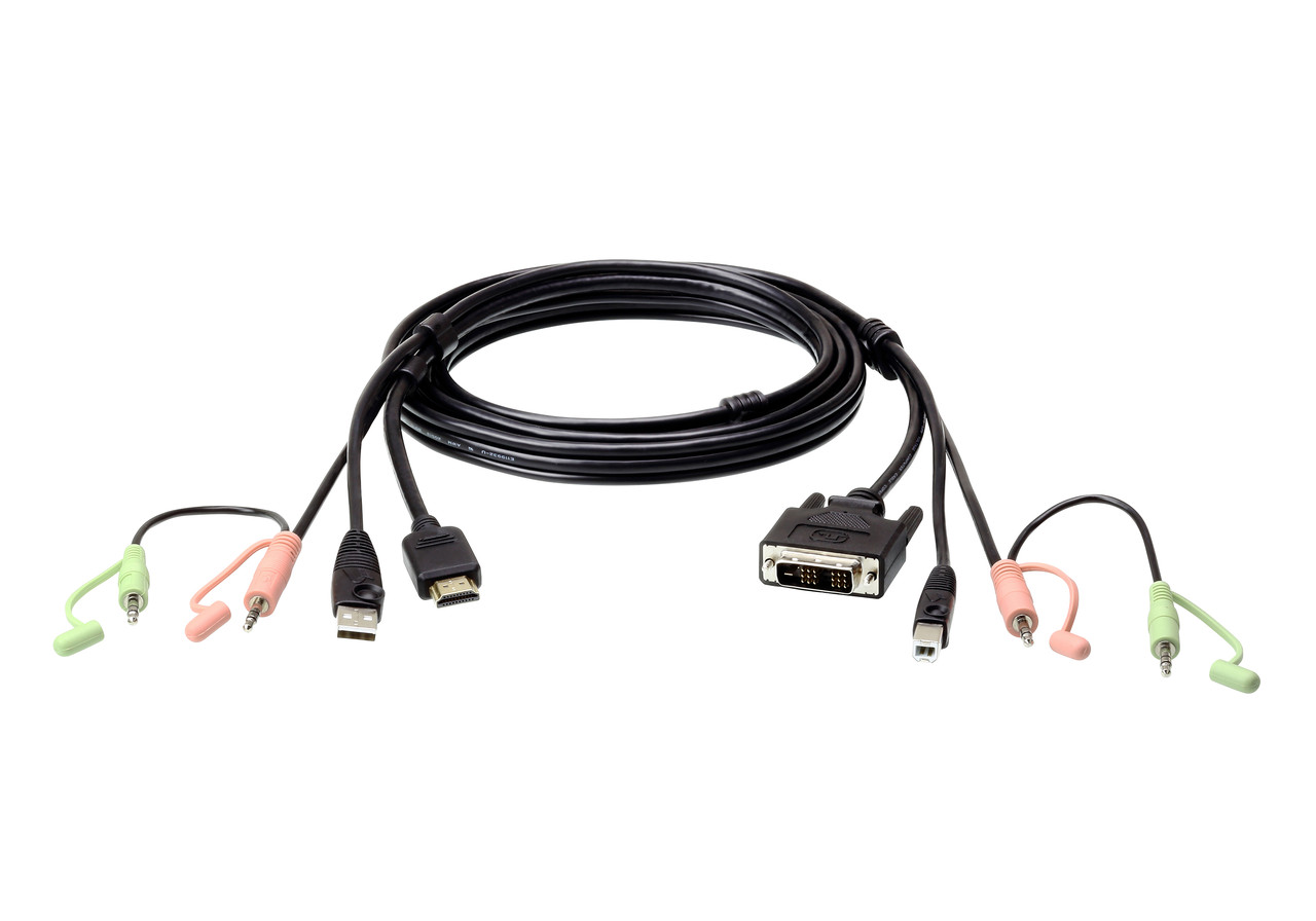 КВМ-кабель с интерфейсами передачи звука, USB, HDMI - DVI-I (1.8м)  2L-7D02DH ATEN