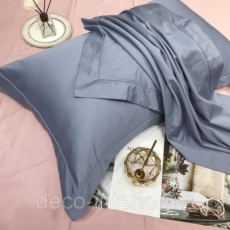 Комплект сатинового постельного белья king-size двуспальный однотонный с контрастным отворотом и простынью - фото 4 - id-p88929265