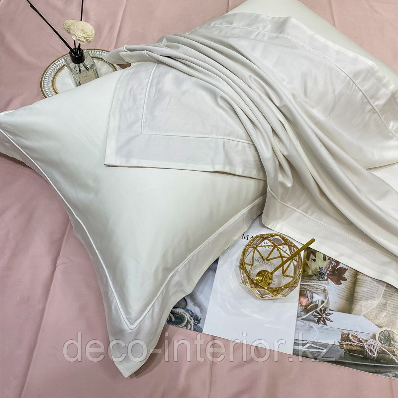 Комплект сатинового постельного белья king-size двуспальный однотонный с контрастным отворотом и простынью - фото 8 - id-p88929265