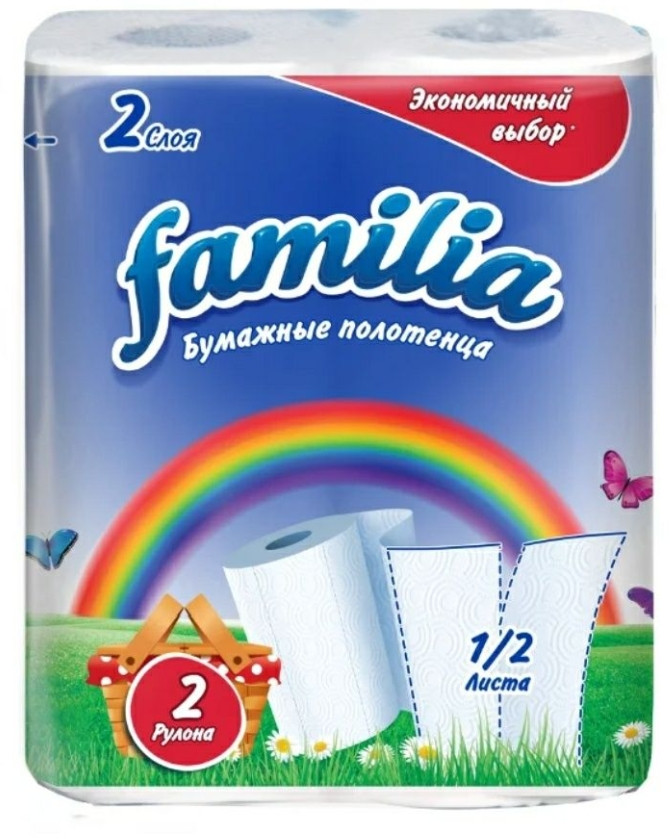 Бумажные полотенца Familia "Rainbow", 2-х слойные, 2 рулона, белые, 1/2 листа - фото 1 - id-p108714724
