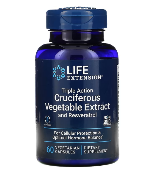 Life Extension, Растительный экстракт крестоцветных овощей тройного действия с ресвератролом, 60 вегетариански