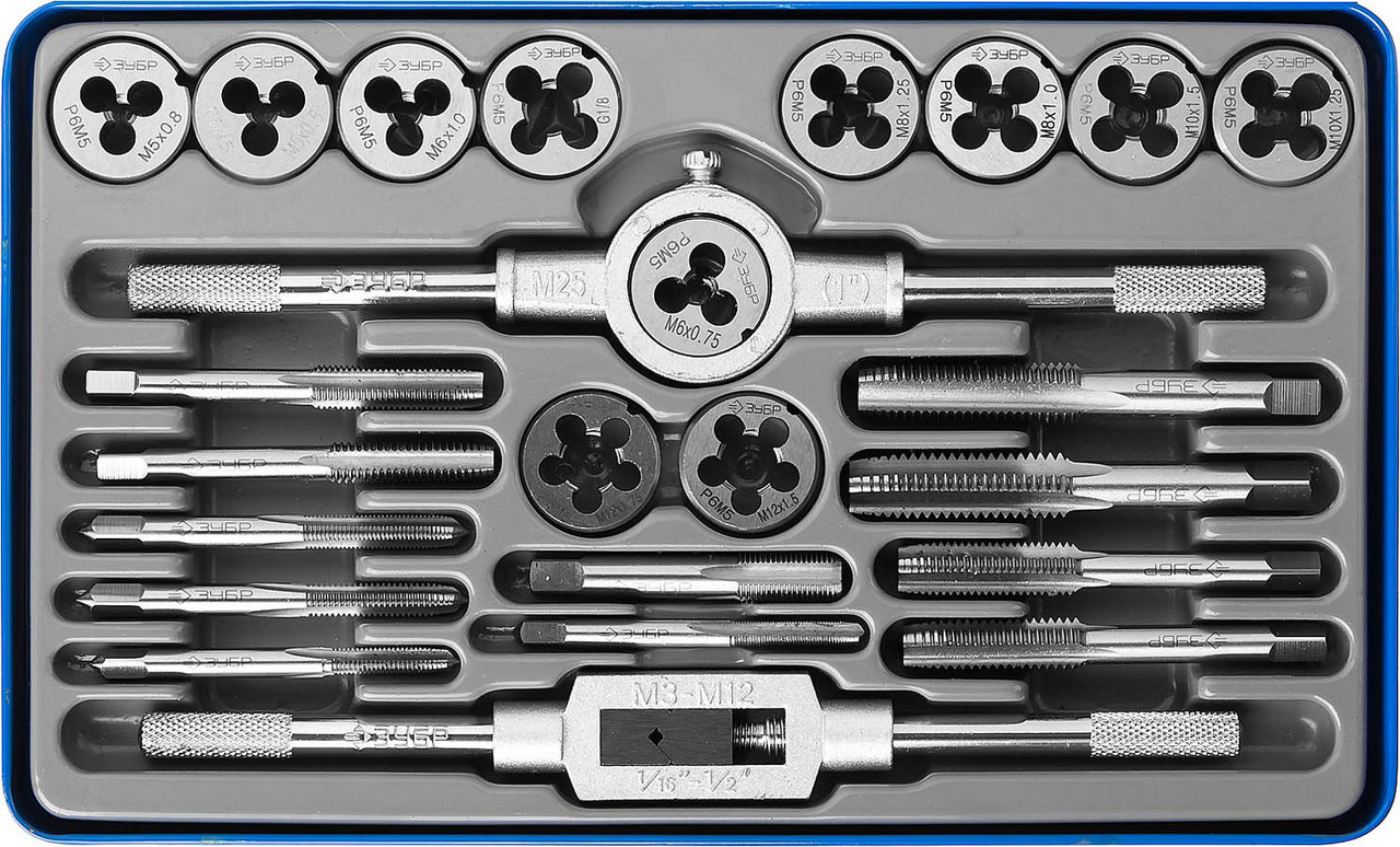 Набор метчиков и плашек ЗУБР 24 предмета, Р6М5, серия "Профессионал" (28110-H24) - фото 1 - id-p108750477