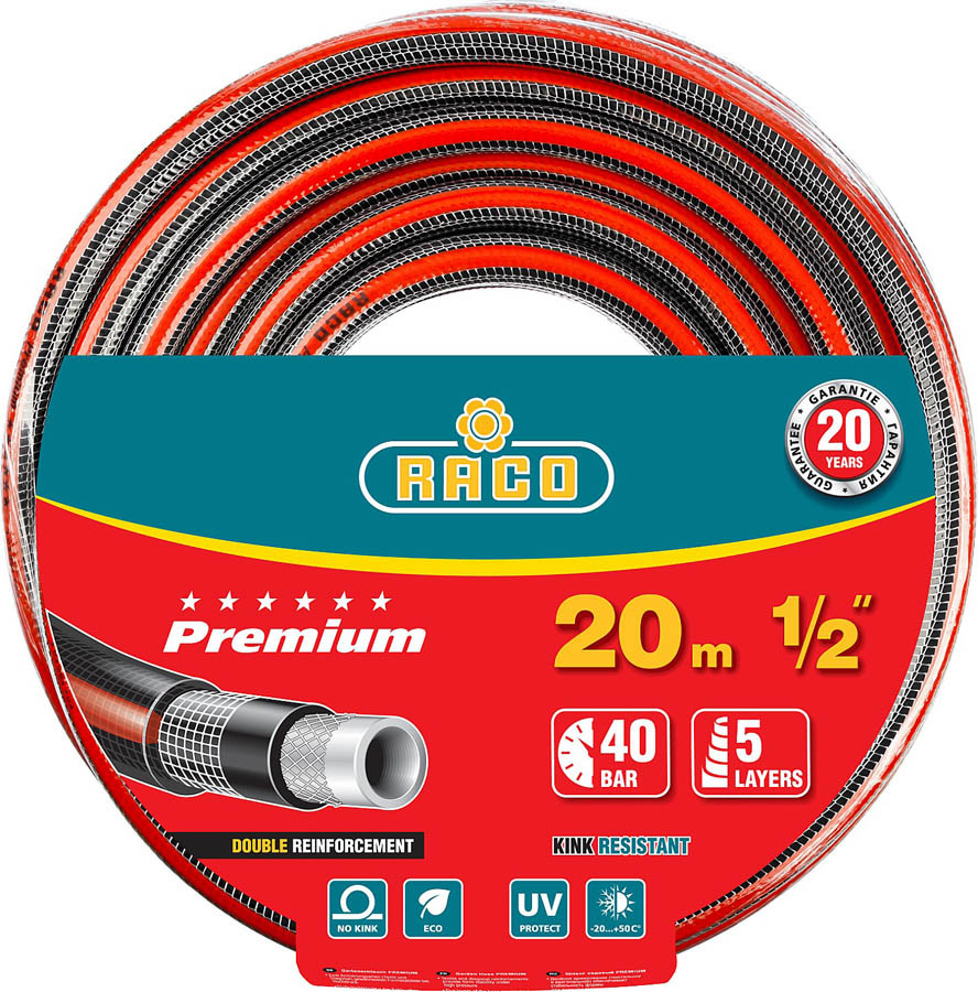 Шланг поливочный PREMIUM, Raco, Ø 1/2" x 20 м, 40 атм., 5-ти слойный, армированный (40300-1/2-20_z01) - фото 1 - id-p108751720