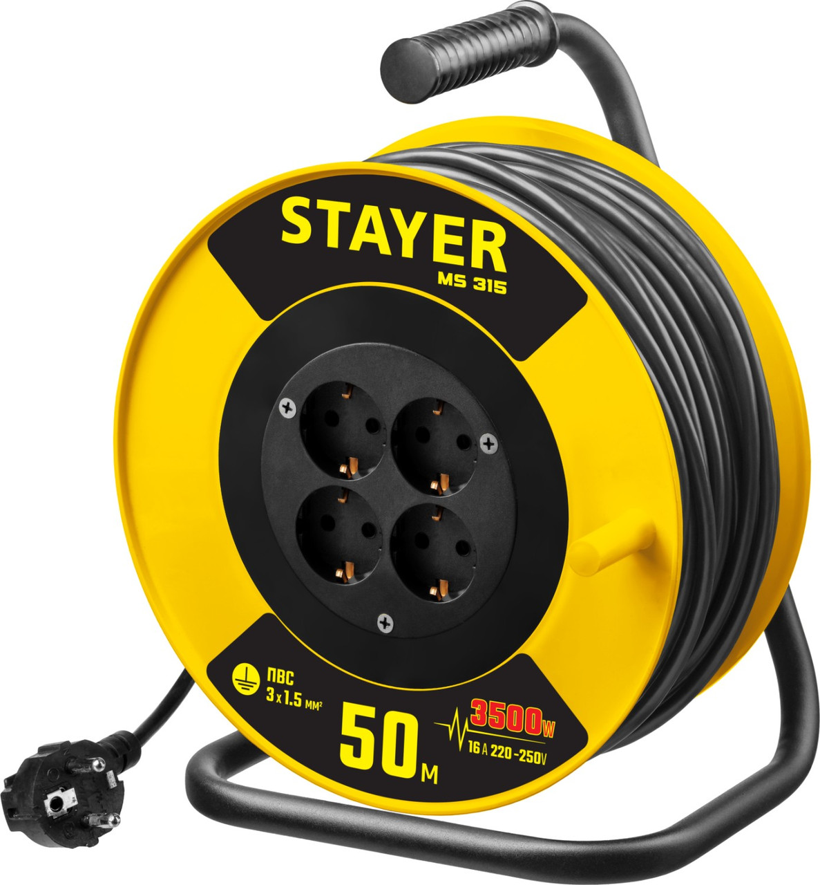 Удлинитель на катушке Stayer, 50 м, 3500 Вт, заземление, 4 гнезда, ПВС 3x1,5 кв мм (55078-50)