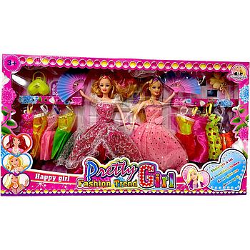 Помятая упаковка!!! Q22 Куклы 2шт с веером 8 платьев+сумочка+расческа Pretty Fashion 30*22см