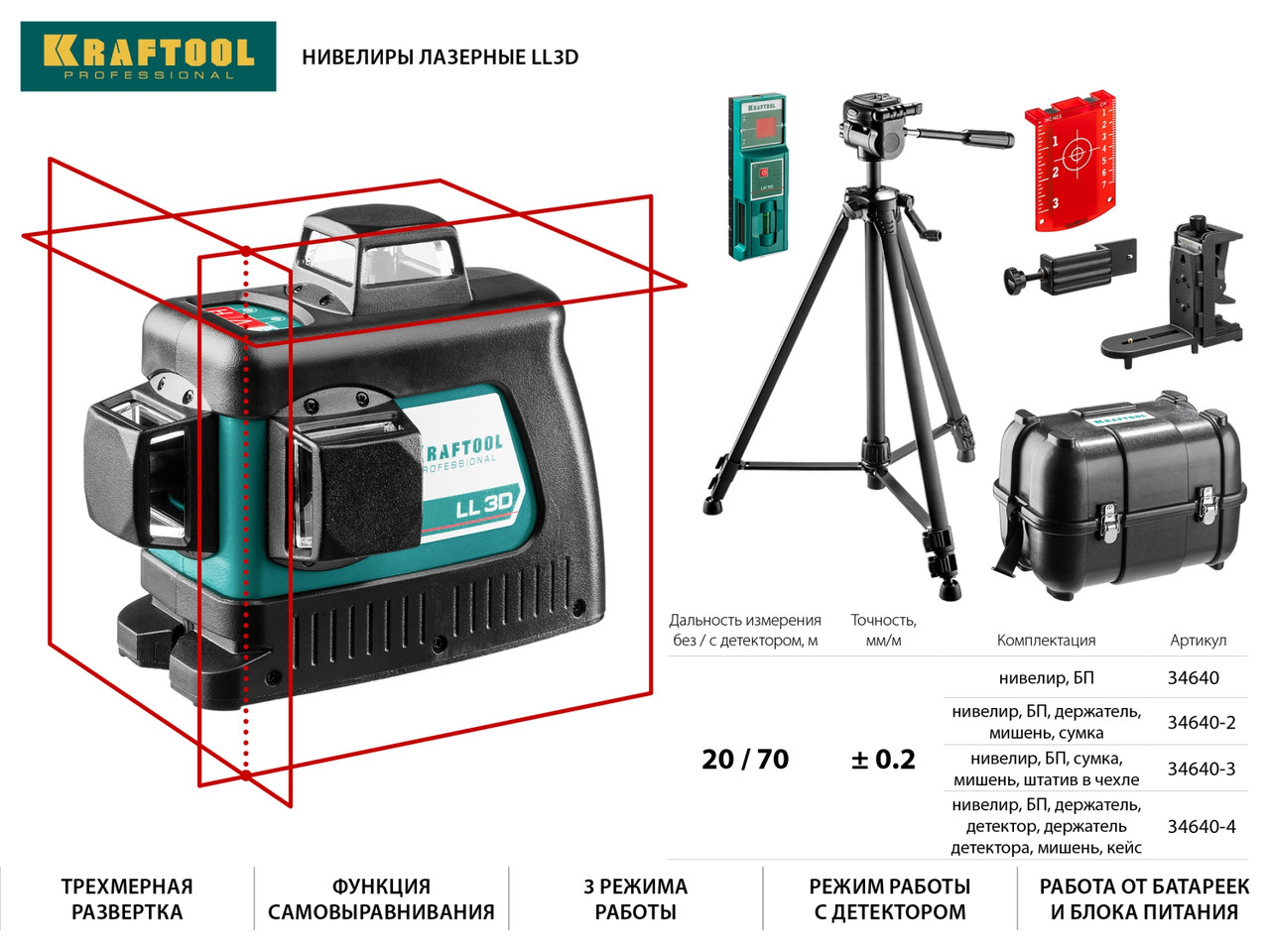 KRAFTOOL LL 3D #2 нивелир лазерный с держателем ВМ1, в коробке (34640-2) - фото 3 - id-p108760875