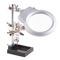 Держатель Третья рука, 2 зажима, лупа 85мм (2.5х), подставка паяльника, LED подсветка, чугун REXANT