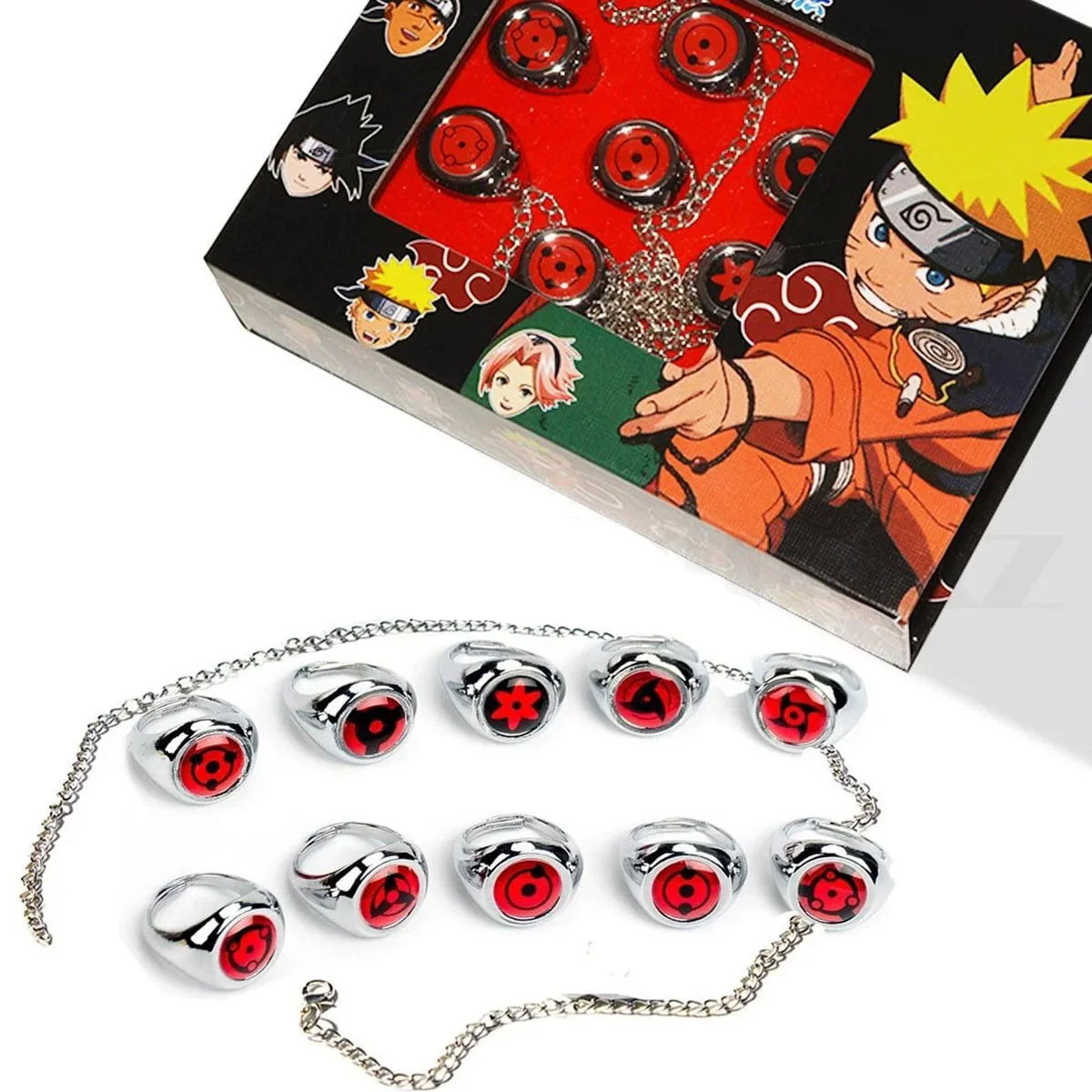 Набор колец Шаринган Наруто 10 шт с цепочкой