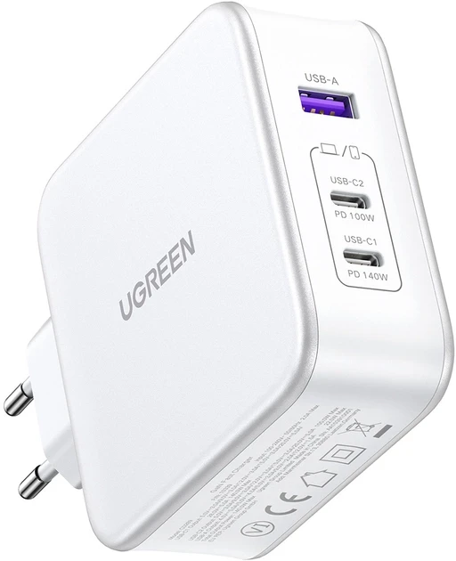 Адаптер Евровилка 220V на 2xUSB-C+1 USB, 3A/5V, 140W, QC 3.0, Gan X (15339) UGREEN - фото 1 - id-p107224556