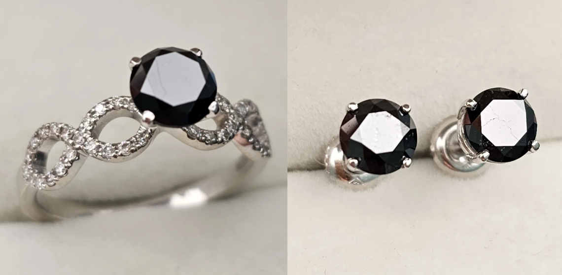 Золотой набор с бриллиантами (кольцо с черным бриллиантом 0.91Ct и белыми бриллиантами 0,20Сt , серьги 2,53 ) - фото 1 - id-p108851274