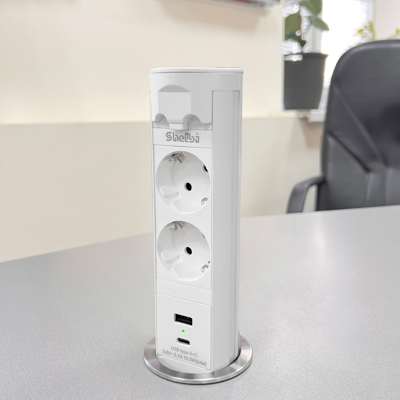 Shelbi Выдвижной-автоматический настольный розеточный блок на 2 розетки 220B, 1 USB, 1 Type-C, серебро, фото 1