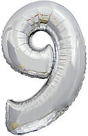 Фольгированный шар цифра 9 (40''/100 см) Серебро, 1 шт. Foil ballon, Китай
