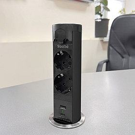 Shelbi Выдвижной-автоматический настольный розеточный блок на 2 розетки 200B, 1 USB, 1 Type-C, чёрный