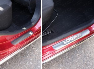 Накладки на пороги (лист шлифованный надпись Logan) 4шт ТСС для Renault Logan 2018- - фото 1 - id-p108851783
