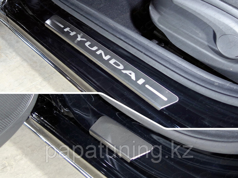 Накладки на пороги (лист шлифованный надпись Hyundai) 4 шт ТСС для Hyundai Solaris 2 (седан) 2017- - фото 1 - id-p108851598