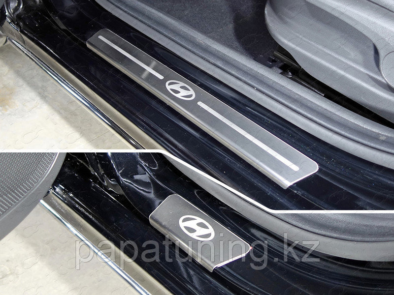Накладки на пороги (лист шлифованный логотип Hyundai) 4 шт ТСС для Hyundai Solaris 2 (седан) 2017- - фото 1 - id-p108851599