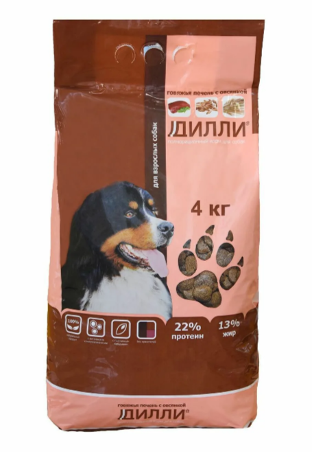 Корм Дилли для собак с говяжьей печенью и овсянкой 4 кг - фото 1 - id-p108927195