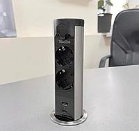 Shelbi Выдвижной-автоматический настольный розеточный блок на 2 розетки 200B, 1 USB, 1 Type-C, черный