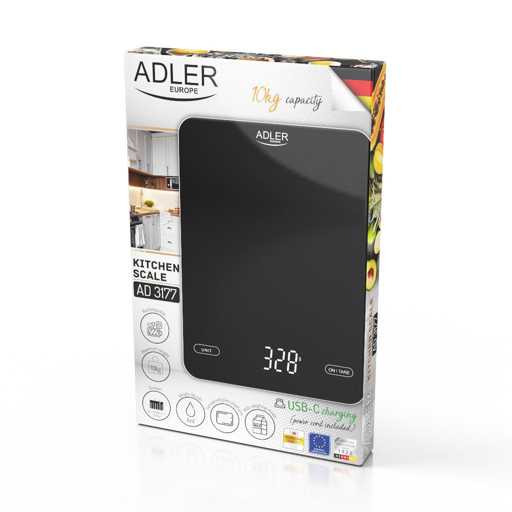 Кухонные весы Adler AD 3177 до 10 кг с зарядкой от USB black Польша - фото 9 - id-p108933853