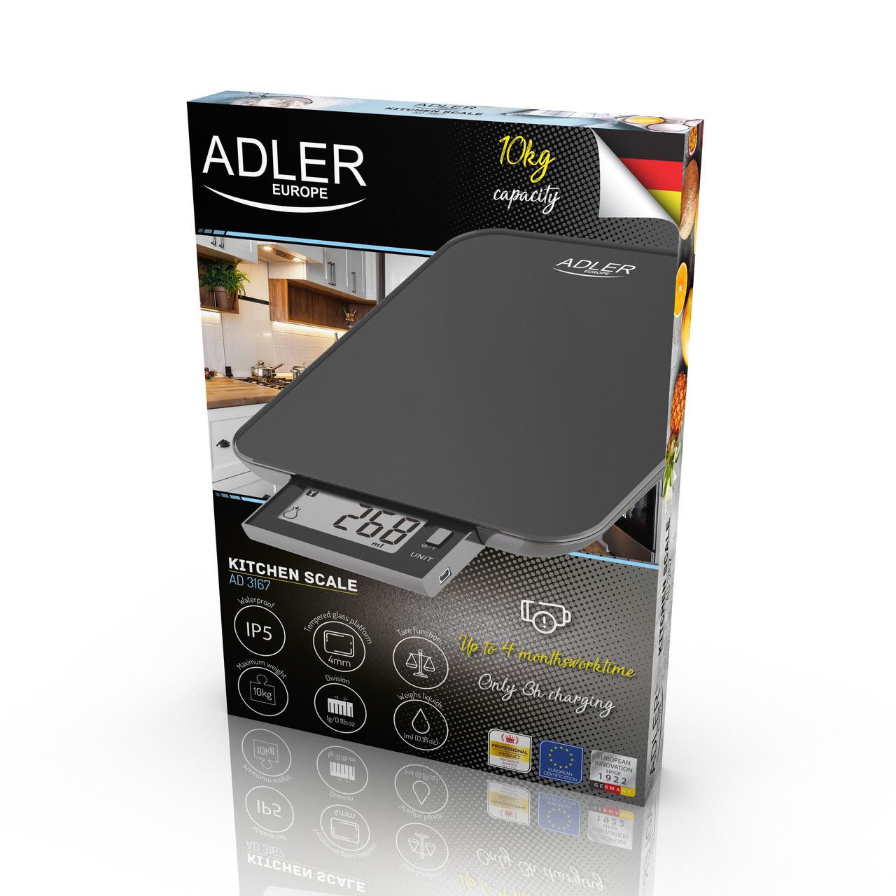 Весы кухонные перезаряжаемые от USB Adler AD 3167 black водонепроницаемые Польша - фото 10 - id-p108933854