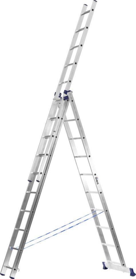 Трехсекционная лестница СИБИН, 10 ступеней, со стабилизатором, алюминиевая - фото 1 - id-p107621464