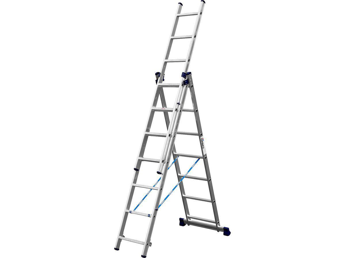 Трехсекционная лестница СИБИН, 7 ступеней, со стабилизатором, алюминиевая